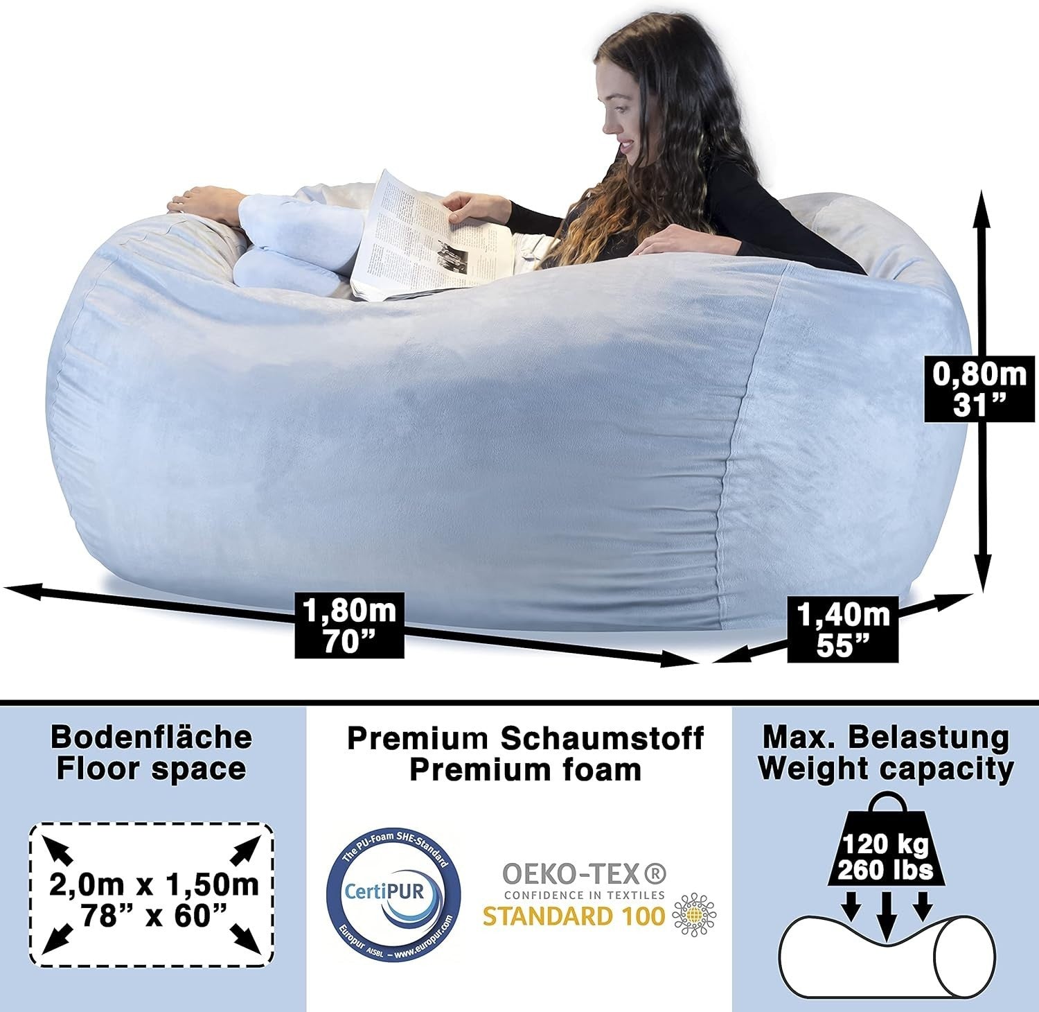 Grey XXL Memory Foam Bean Bag Chair Sofa - Giant Soft Lounger for Adults Kids