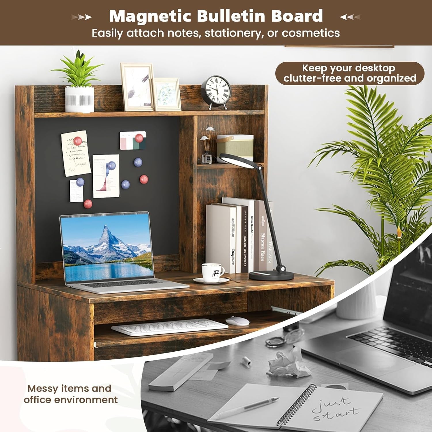 Computer Desk with Hutch Storage Keyboard Tray Study Workstation Rustic