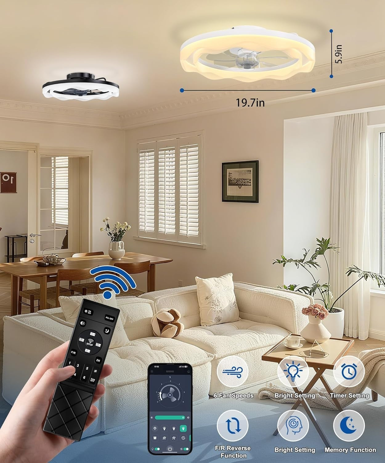 20" Ceiling Fan Light, 6 Speeds, Dimmable, Reversible, App & Remote