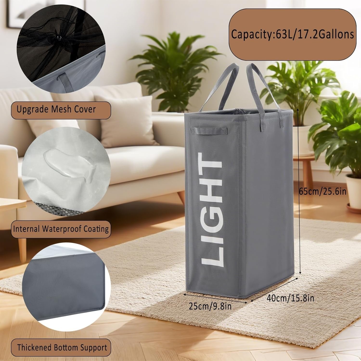 Slim Double Laundry Hamper Grey 63L Tall Basket with Handles & Foldable Design