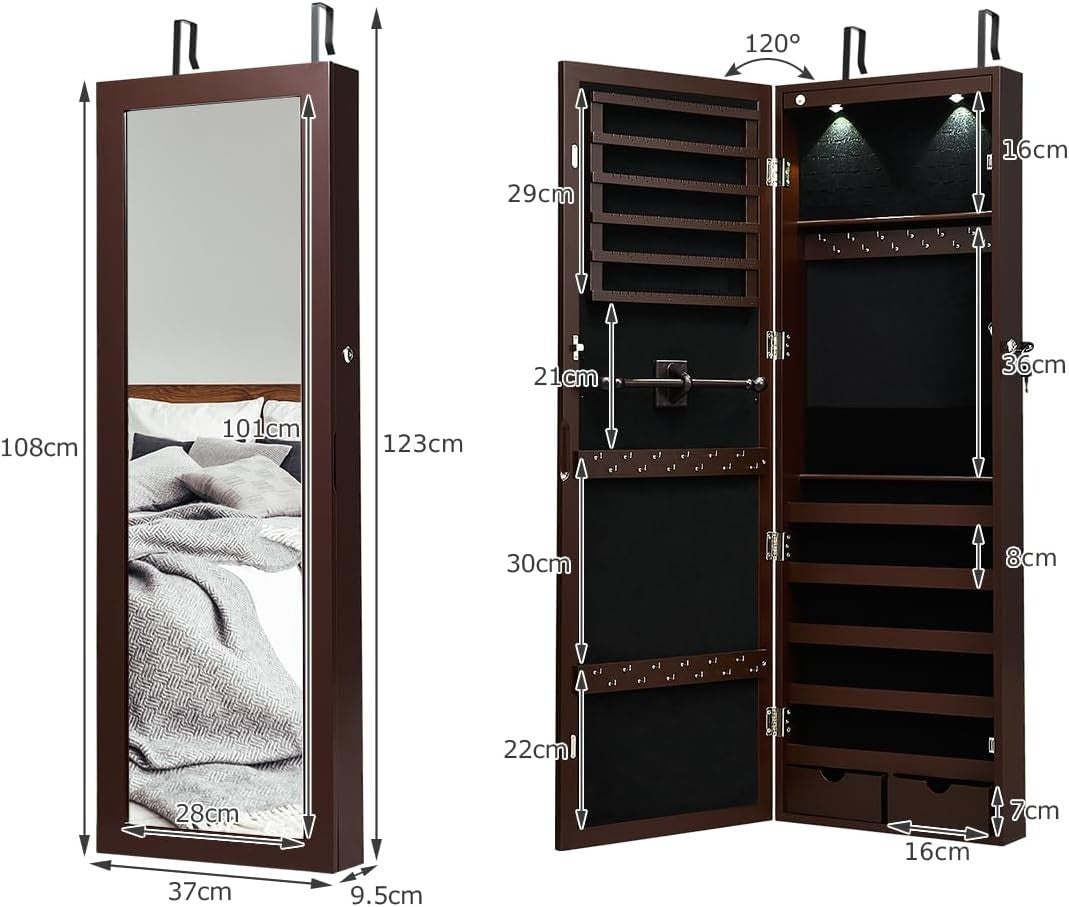 Wall Mount Jewelry Armoire LED Full Length Mirror Lockable Storage Brown