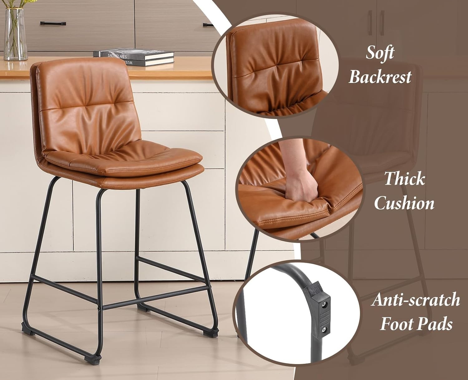 Modern Brown Bar Stools Set of 2 – PU Leather Counter Chairs