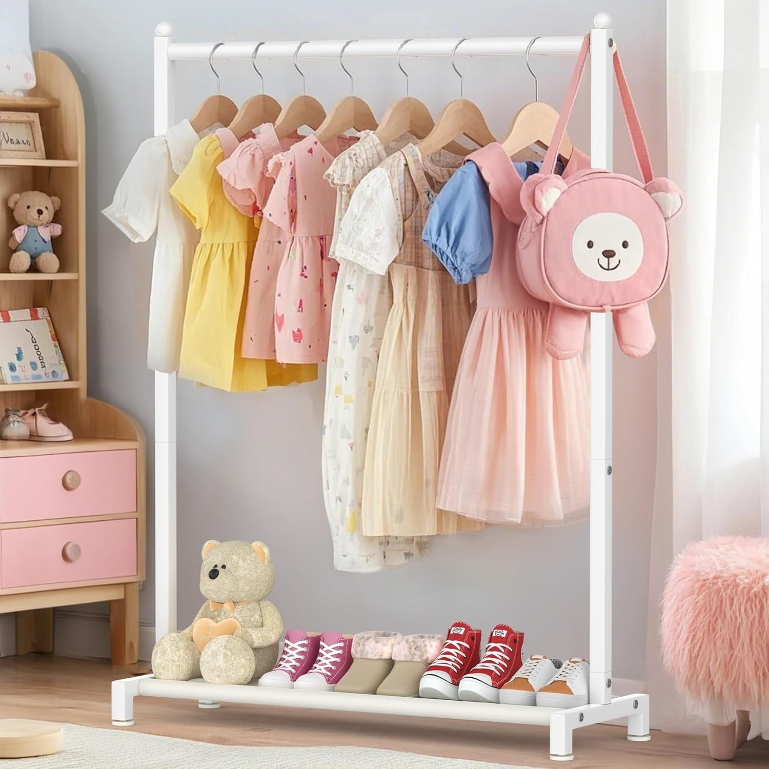 White Kids Clothing Rack with Shelf & Adjustable Feet 117cm