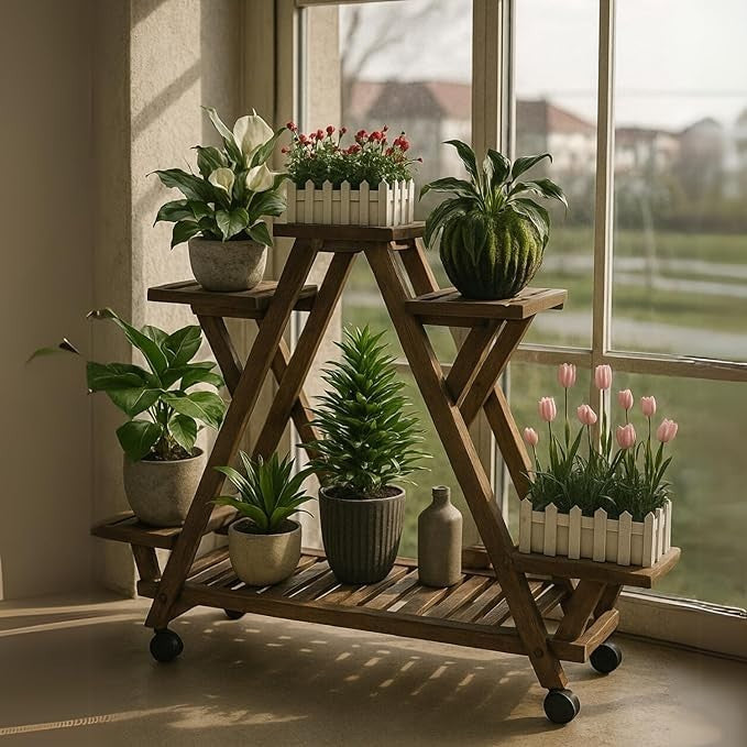 Wooden 4 Tier Plant Stand with Wheels Indoor Outdoor Flower Shelf 93x28x95cm