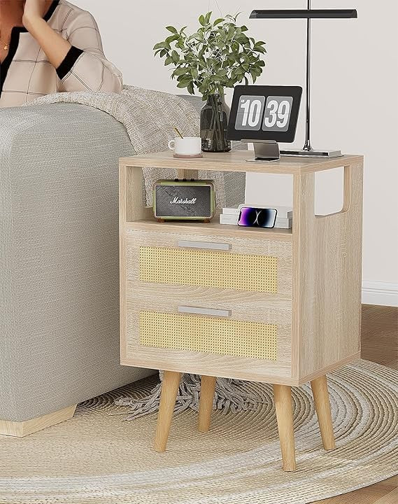 Boho Rattan Bedside Table with 2 Drawers & Open Shelf, Natural Wood Nightstand