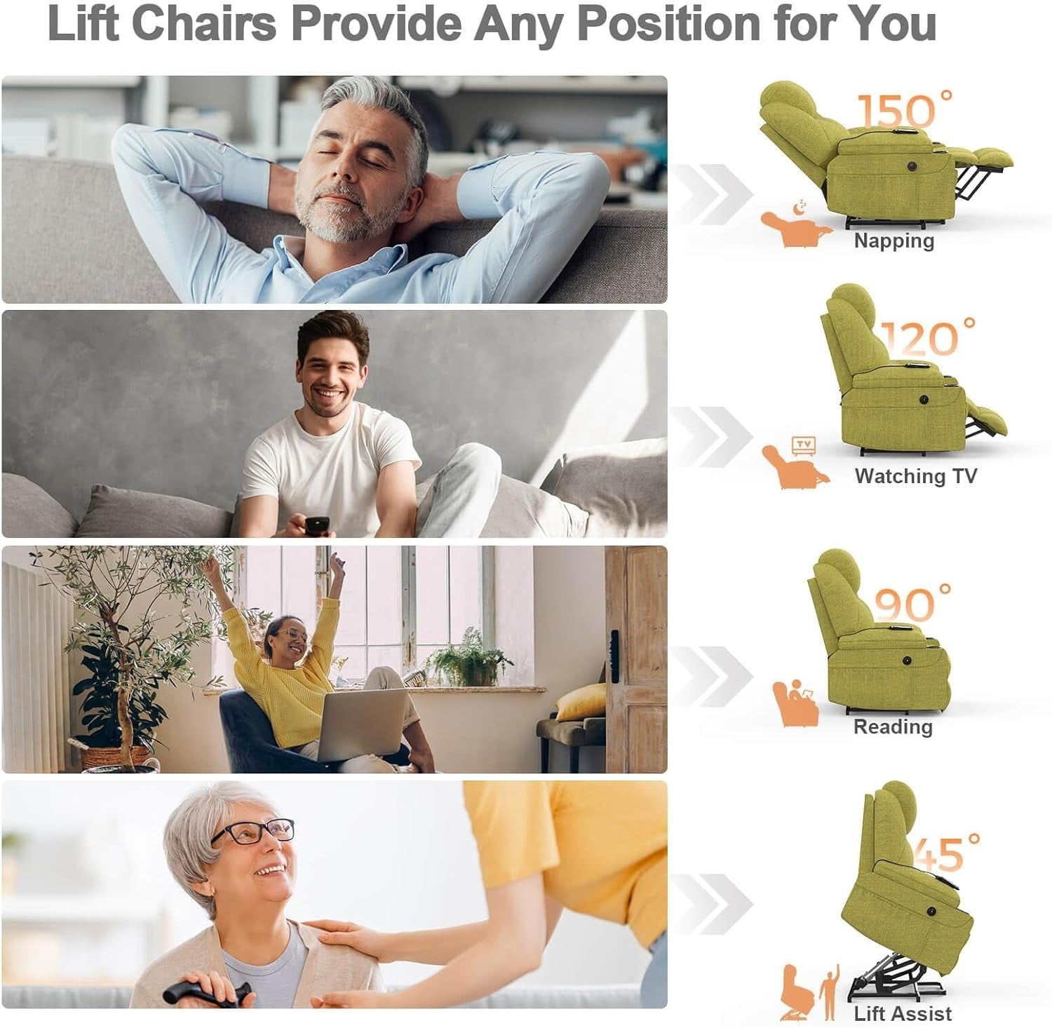 Power Lift Recliner Chair Massage Heat USB Type-C Cup Holders Green Faux Leather