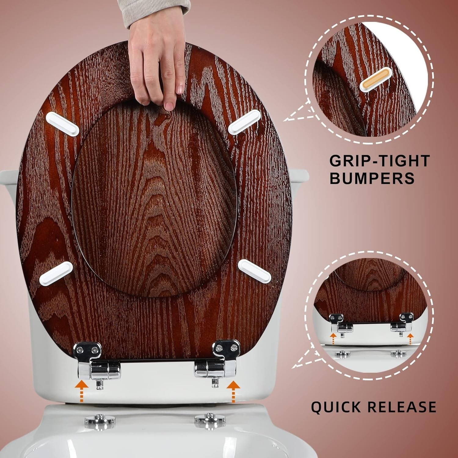 Antibacterial Wooden Toilet Seat Quick Release Oval Dark Walnut 45x37cm