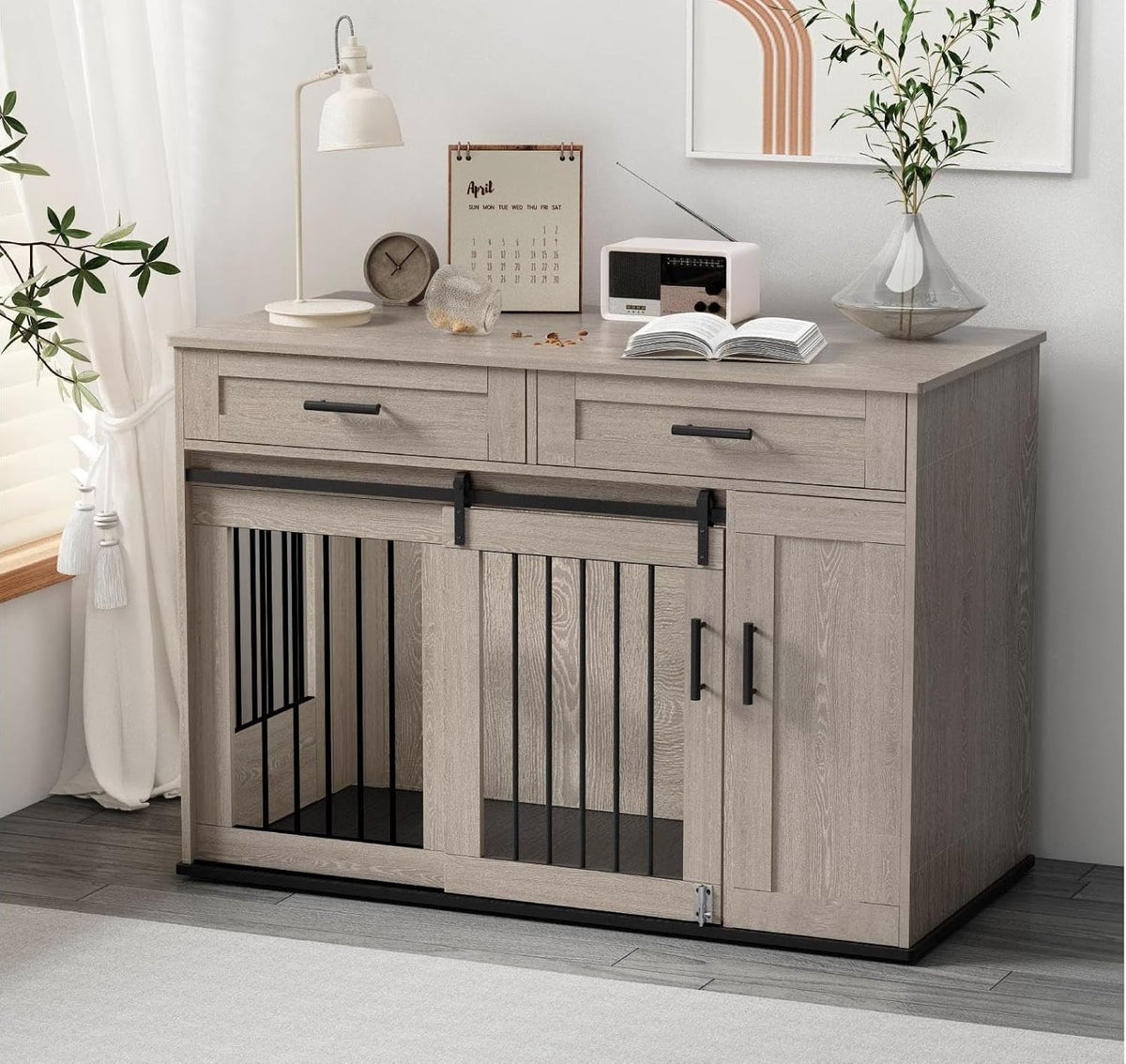 Large Indoor Wooden Dog Crate with Dual Sliding Doors, Storage & Lock