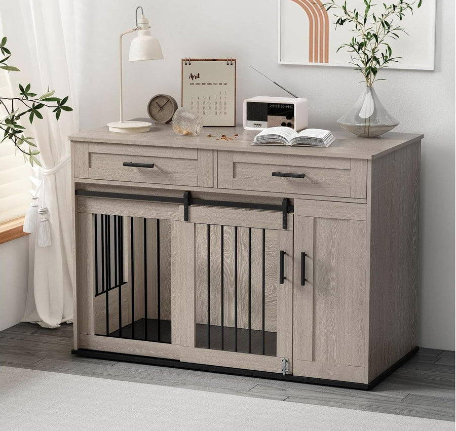 Large Indoor Wooden Dog Crate with Dual Sliding Doors, Storage & Lock