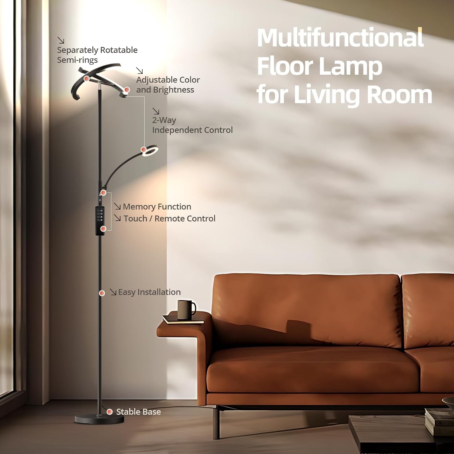 Dimmable Uplighter Floor Lamp LED Reading Light Remote Touch Control