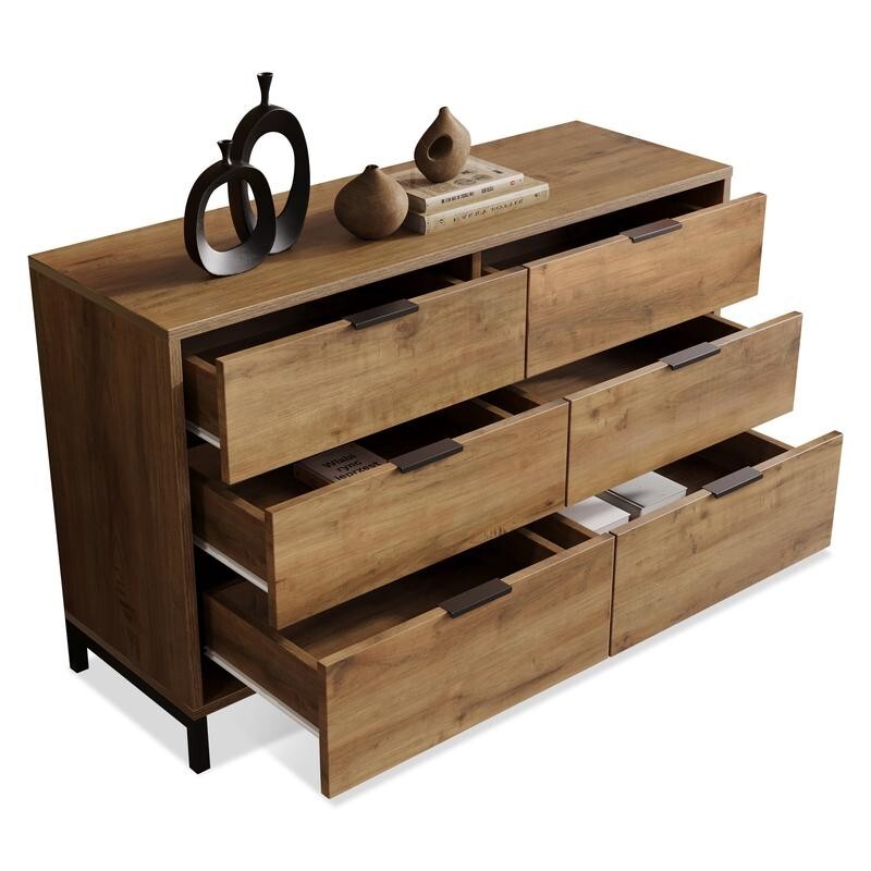 Rustic Oak Sideboard Cabinet with 6 Drawers, Chest Storage Unit 120cm