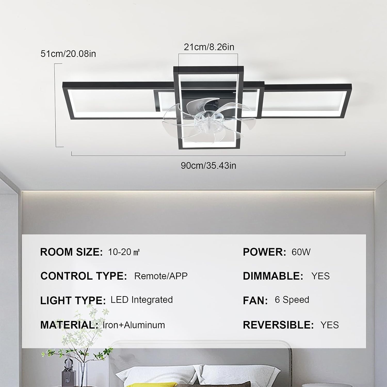 JIINOO 90CM Ceiling Fan with LED Light, 6-Speed, Reversible Motor, Remote