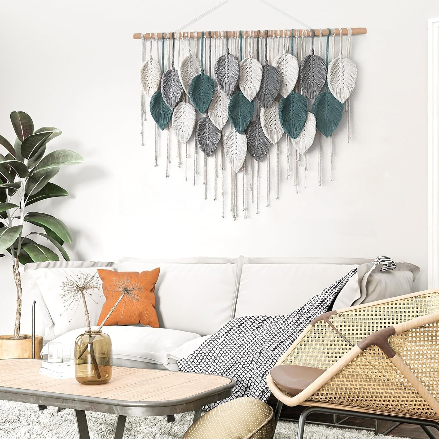 Large Macrame Wall Hanging Boho Leaf Woven Tapestry Teal