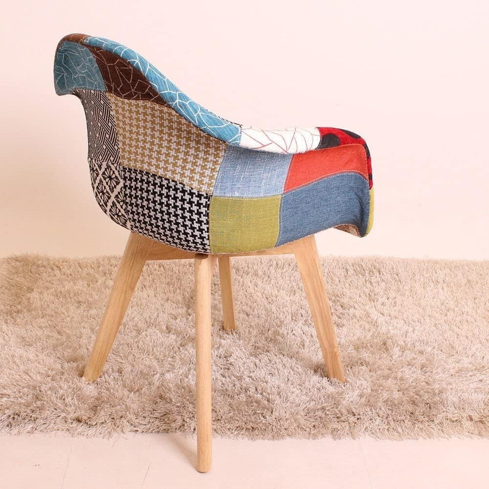 Patchwork Dining Chairs Set of 2 with Arms Wood Legs Fabric