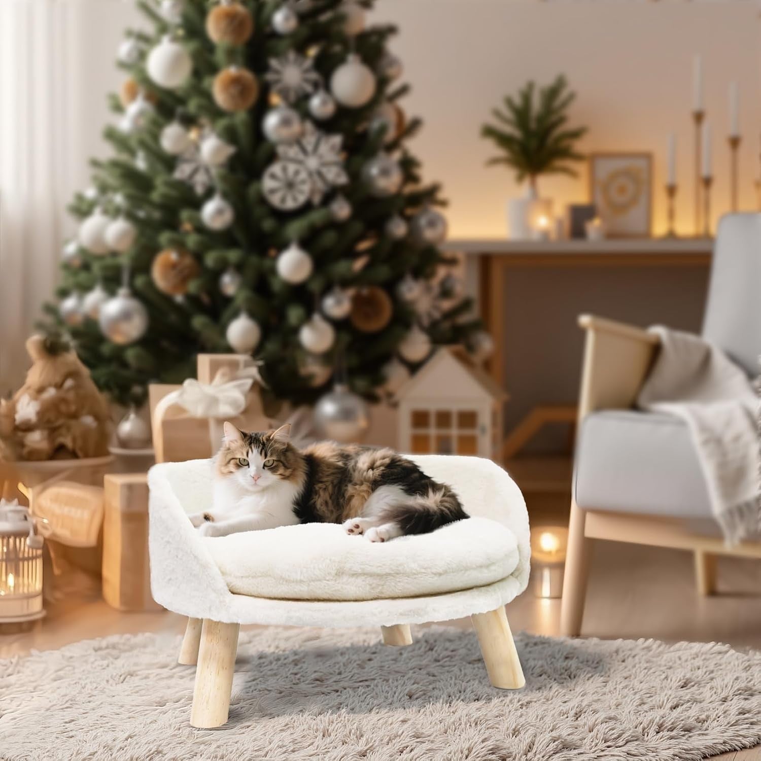 Elevated Cat Sofa Chair Bed 50cm Plush Pet Stool w Wooden Legs
