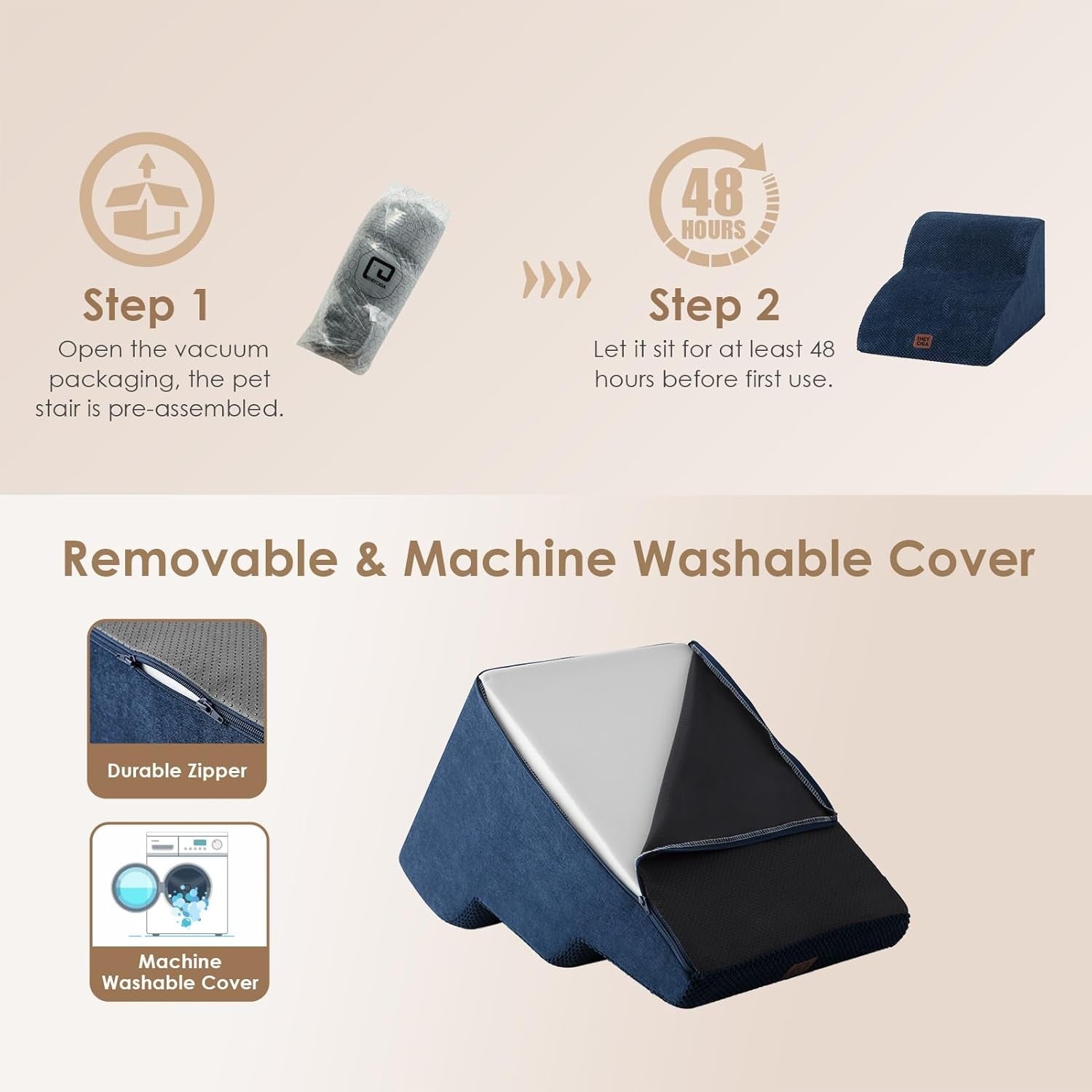 2 Step Dog Stairs for Sofa Non Slip Pet Steps Washable Navy 40x50x30cm