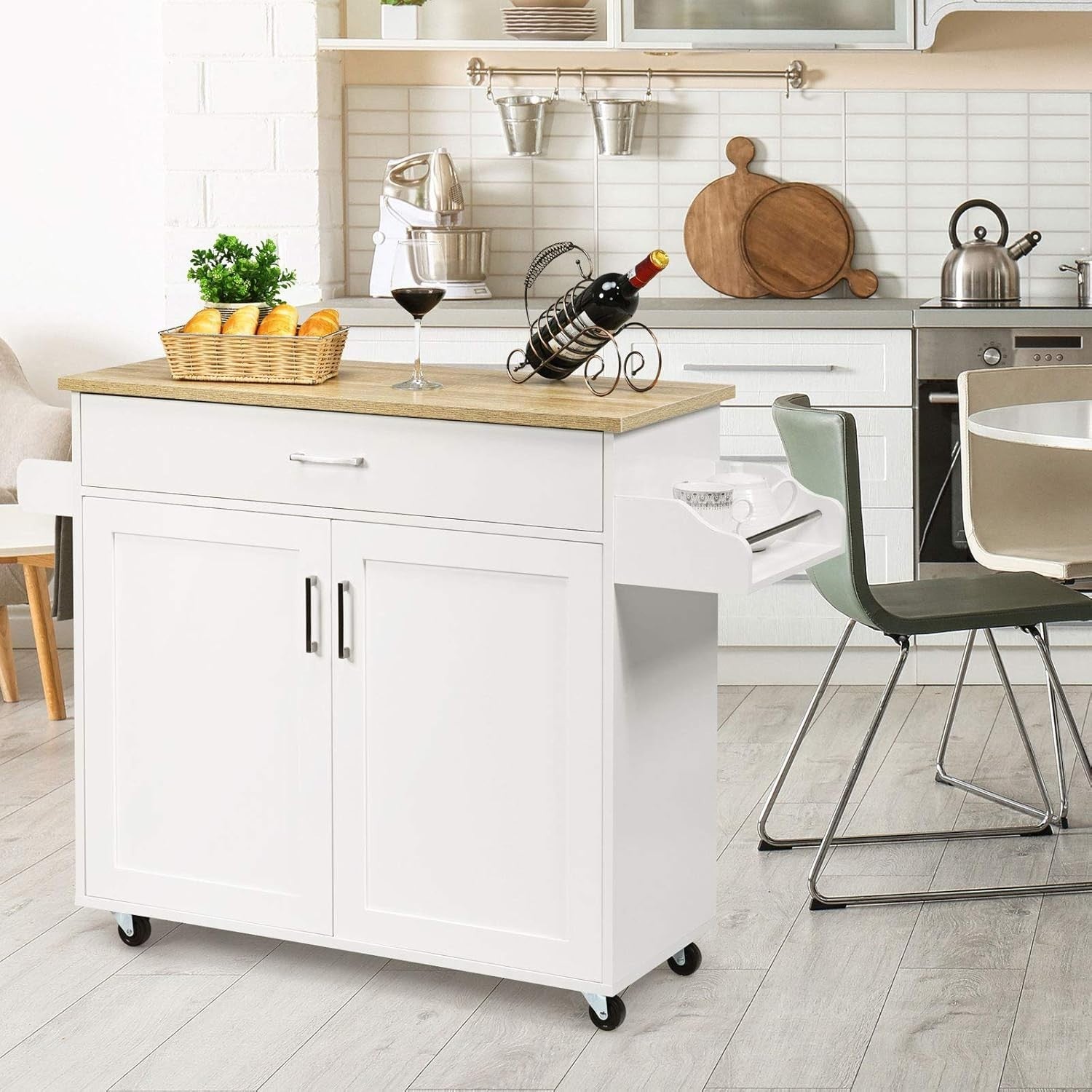 Rolling Kitchen Storage Cart with Adjustable Shelf & Large Drawer, Mobile Island