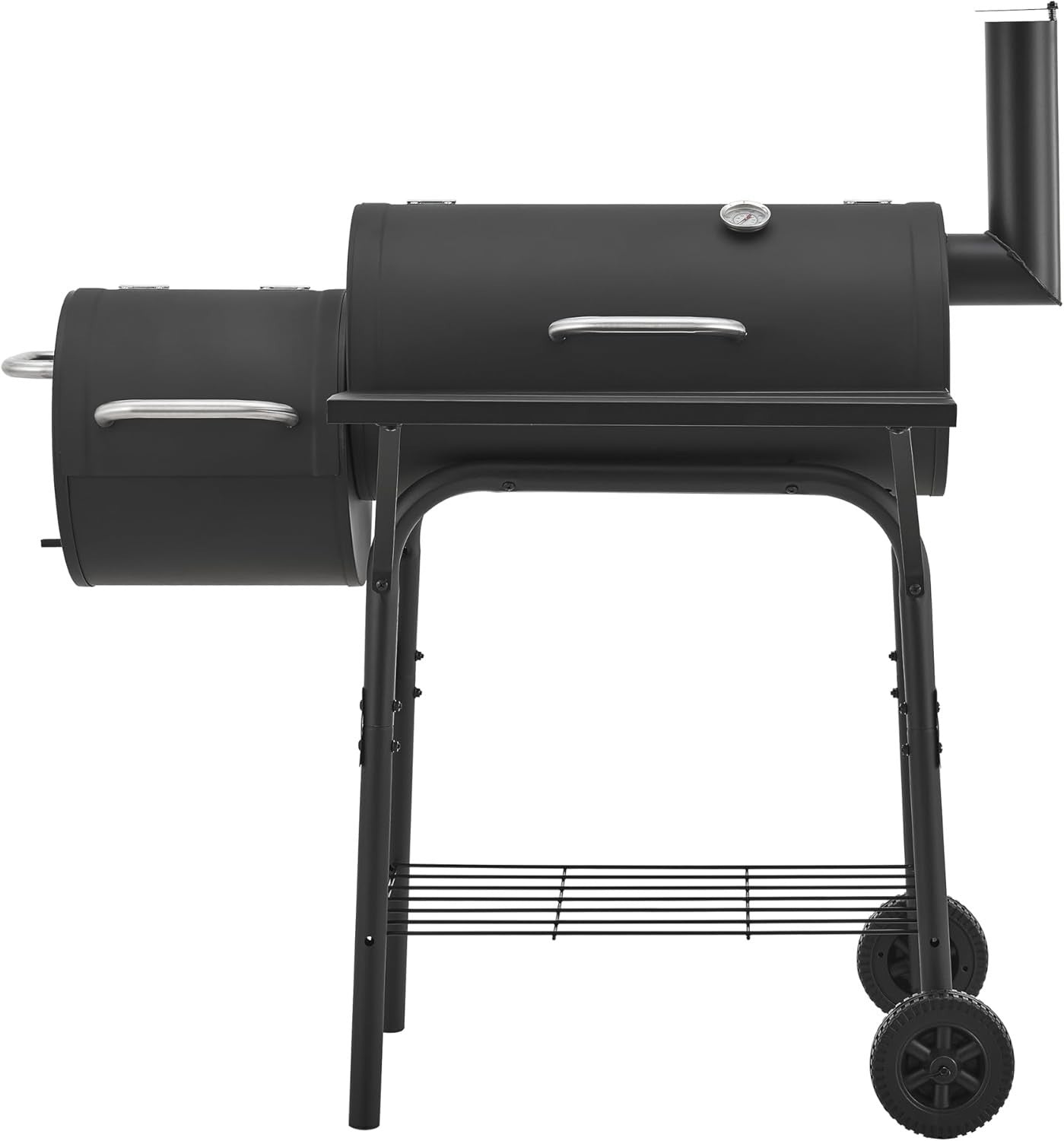 Charcoal BBQ Smoker Grill with Side Firebox & Thermometer Outdoor Trolley 115cm