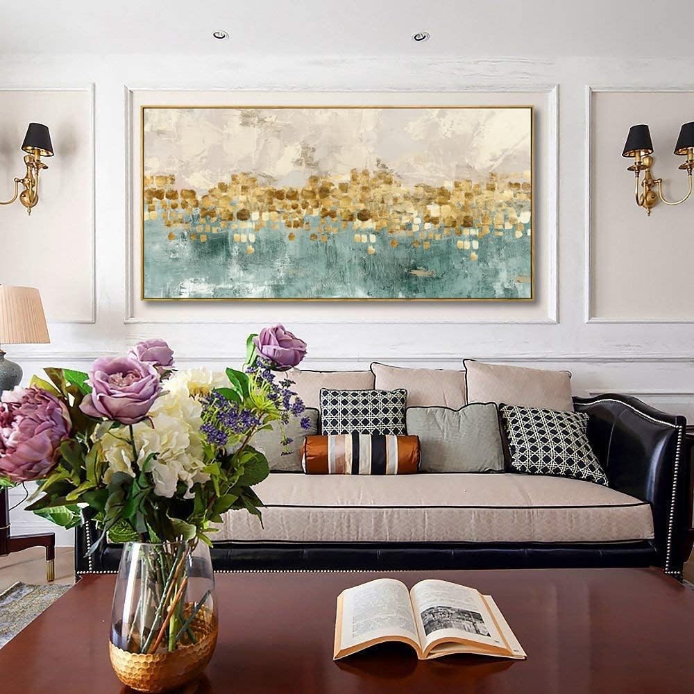 Abstract Wall Art Canvas – Large Blue Yellow Modern Wall Decor 24x48in