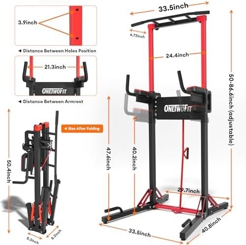 Black Foldable Power Tower Pull Up Dip Station Adjustable Home Gym 600lbs