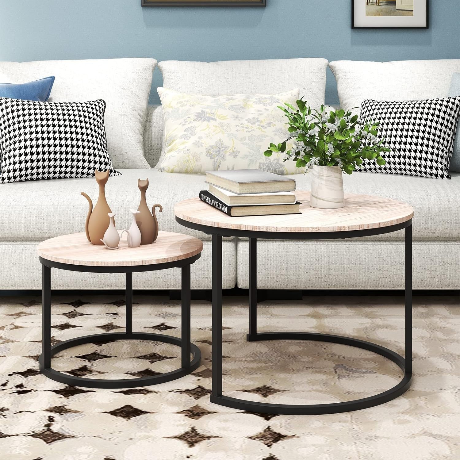 White Oak Nesting Coffee Tables Set of 2 – Round Space-Saving Side Tables