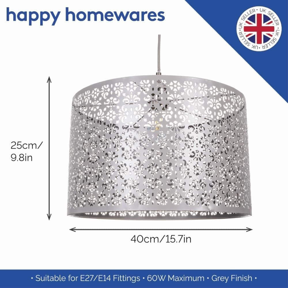 Moroccan Matt Grey Metal Floral Pendant Light Shade 40cm Ceiling Decor