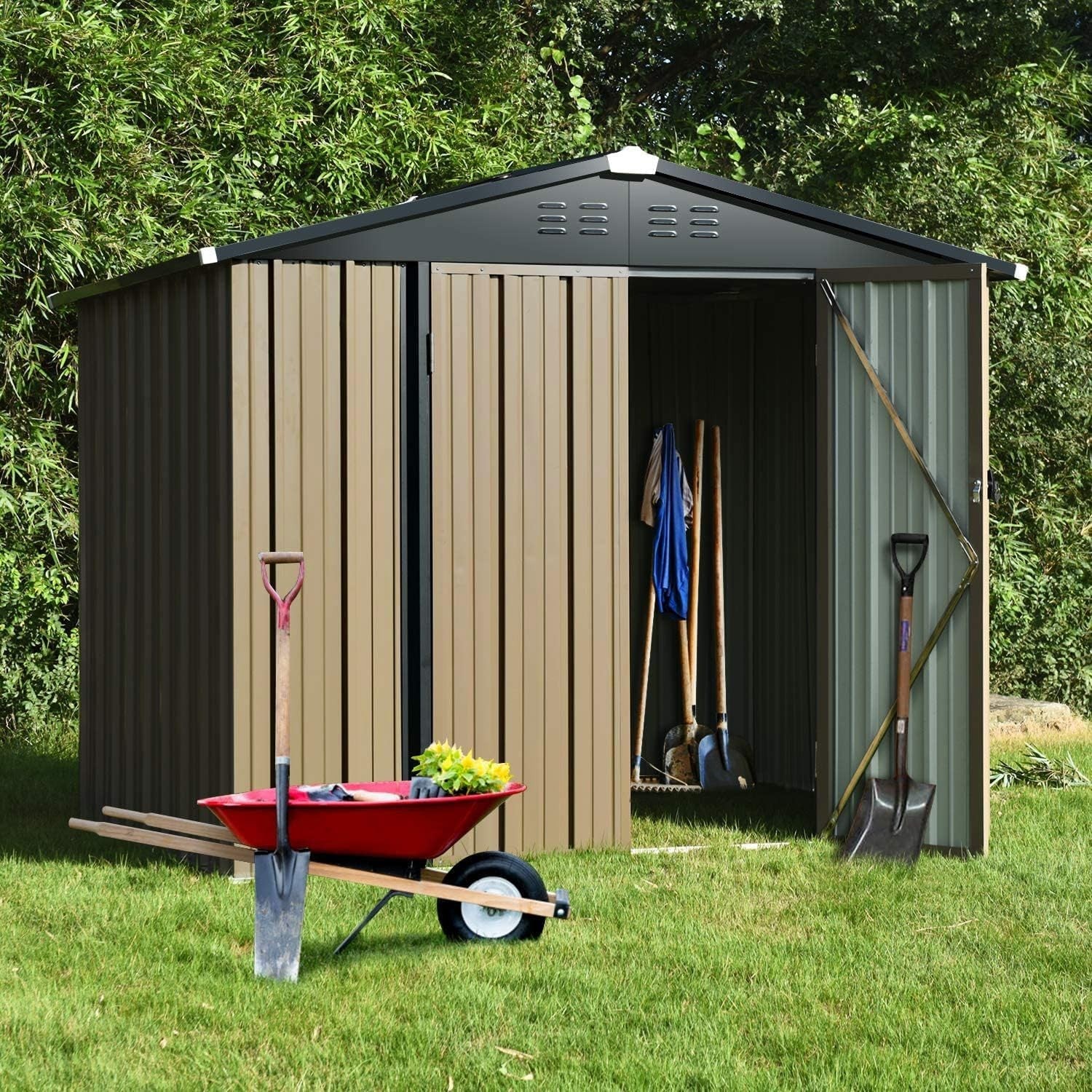 7.5x6FT Metal Garden Shed Lockable Tool Storage House Brown