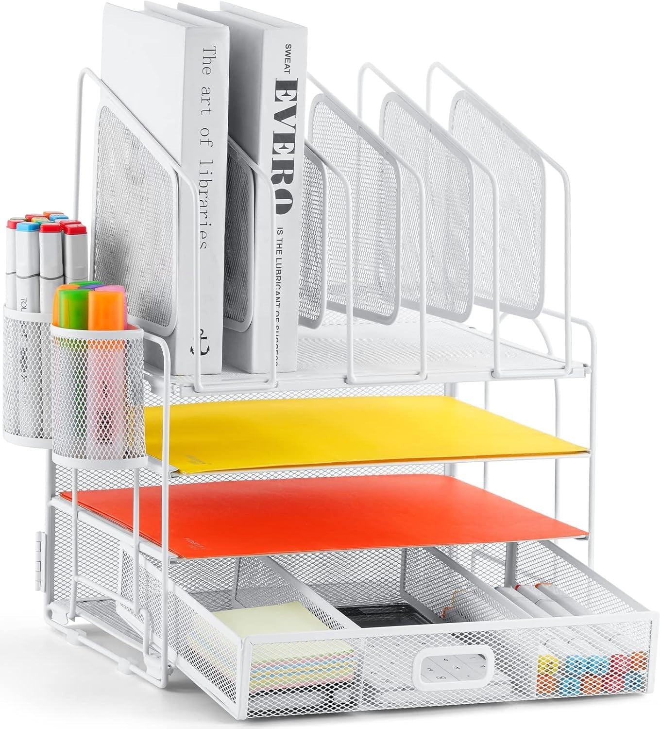 4-Tier Desk Organizer Tray with Drawer, 5 Vertical File and Pen Holders