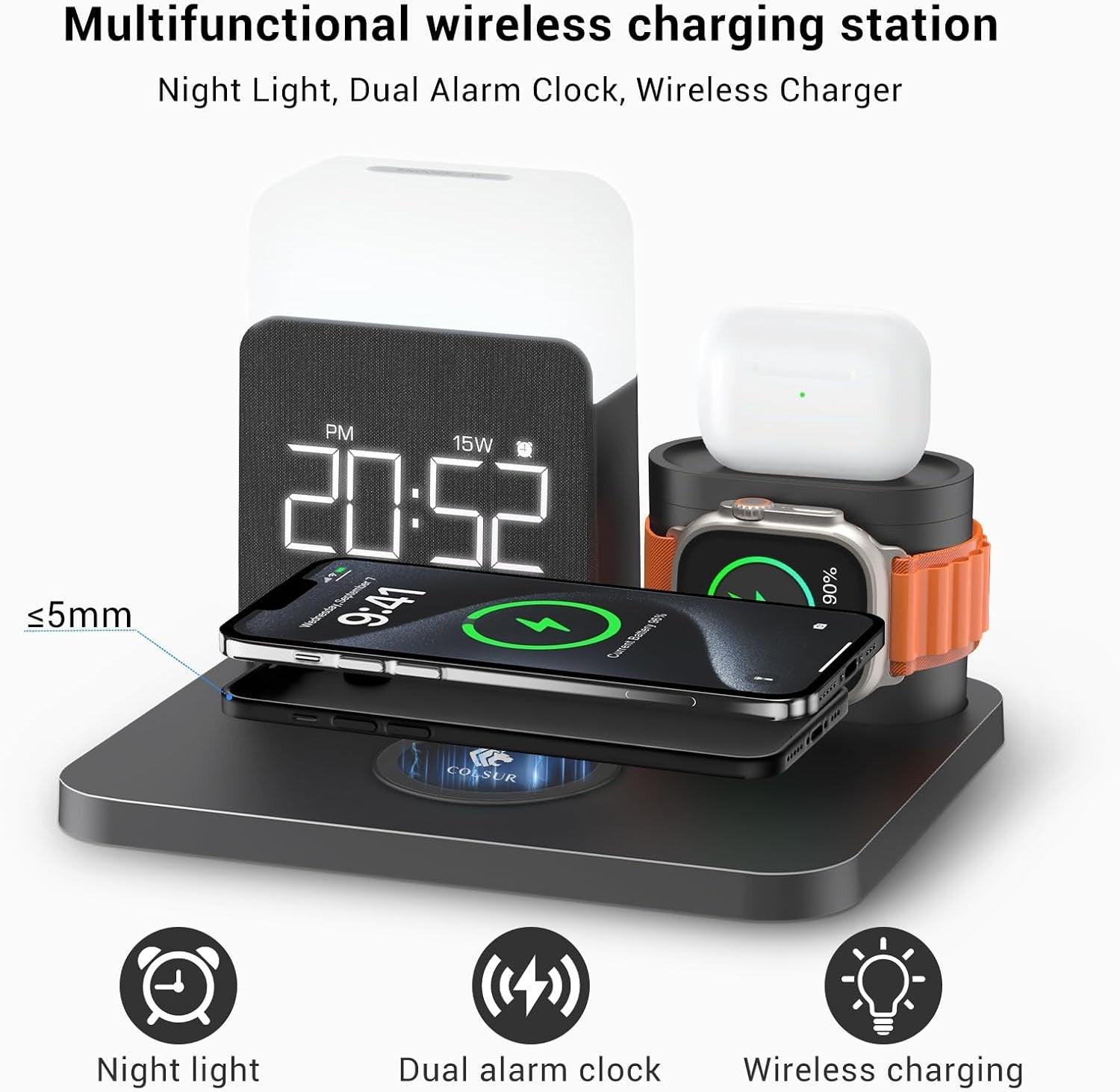 6 in 1 Wireless Charging Station MagSafe Alarm Clock Night Light Stand