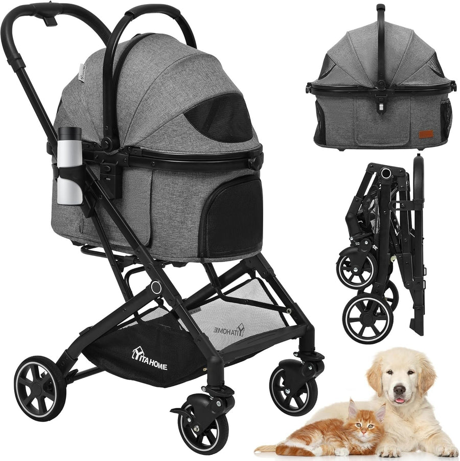 Foldable Pet Stroller for Medium Dogs up to 15kg Detachable Carrier Grey
