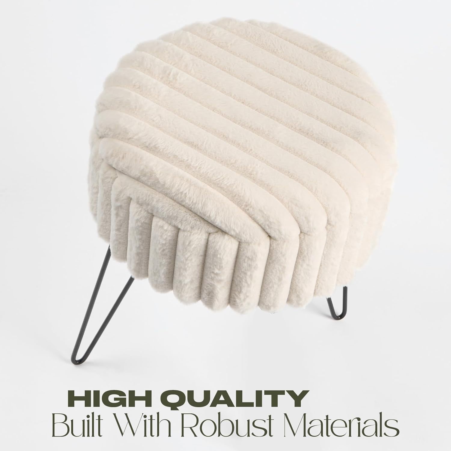 Cream Faux Fur Storage Stool Round Vanity Seat Hairpin Leg Ottoman