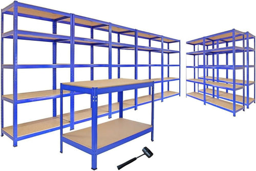 Heavy Duty Boltless Garage Shelving Set 5 Tier Racks 75/90cm + Workbench Kit