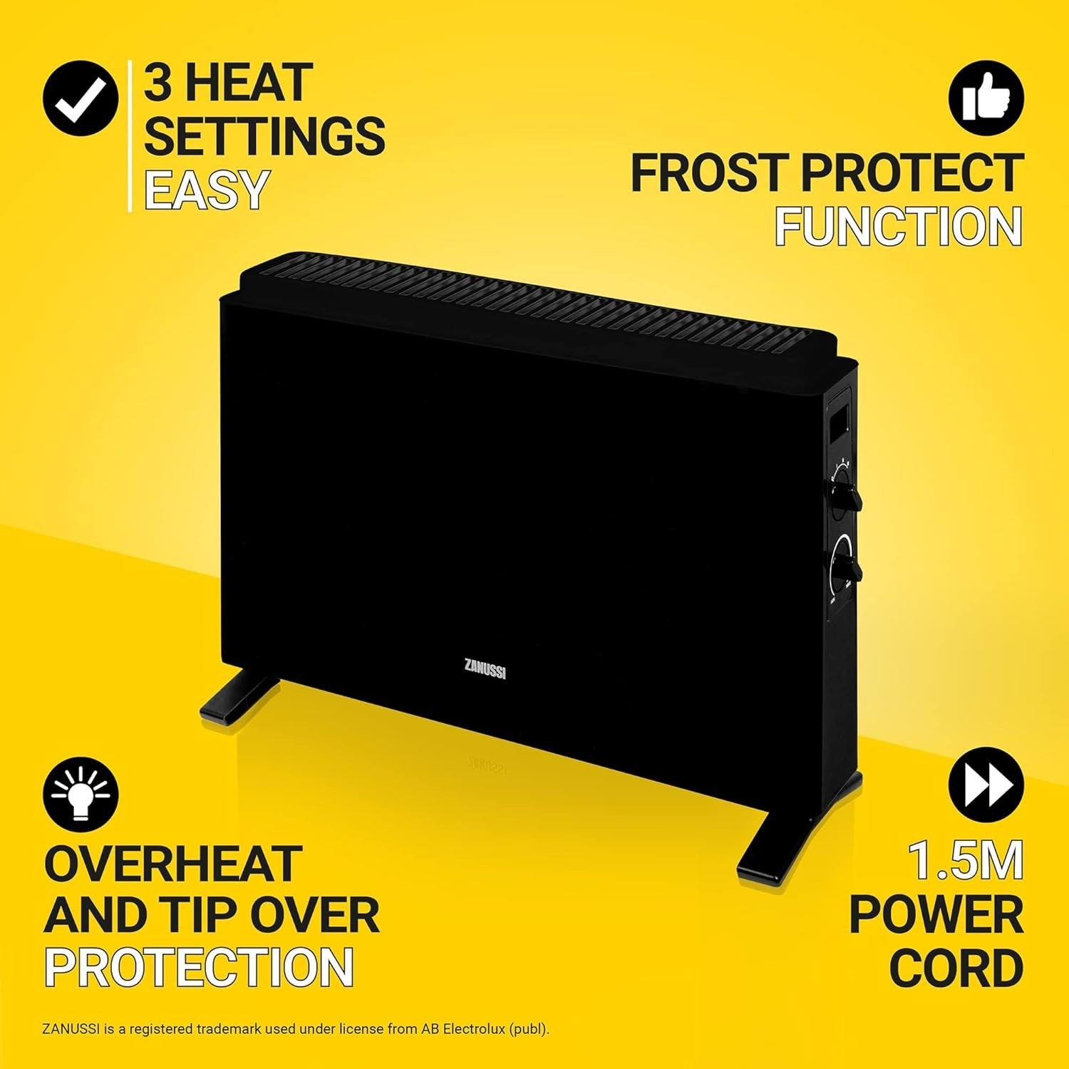 2000W Black Electric Convector Heater Freestanding Radiator 3 Heat Settings