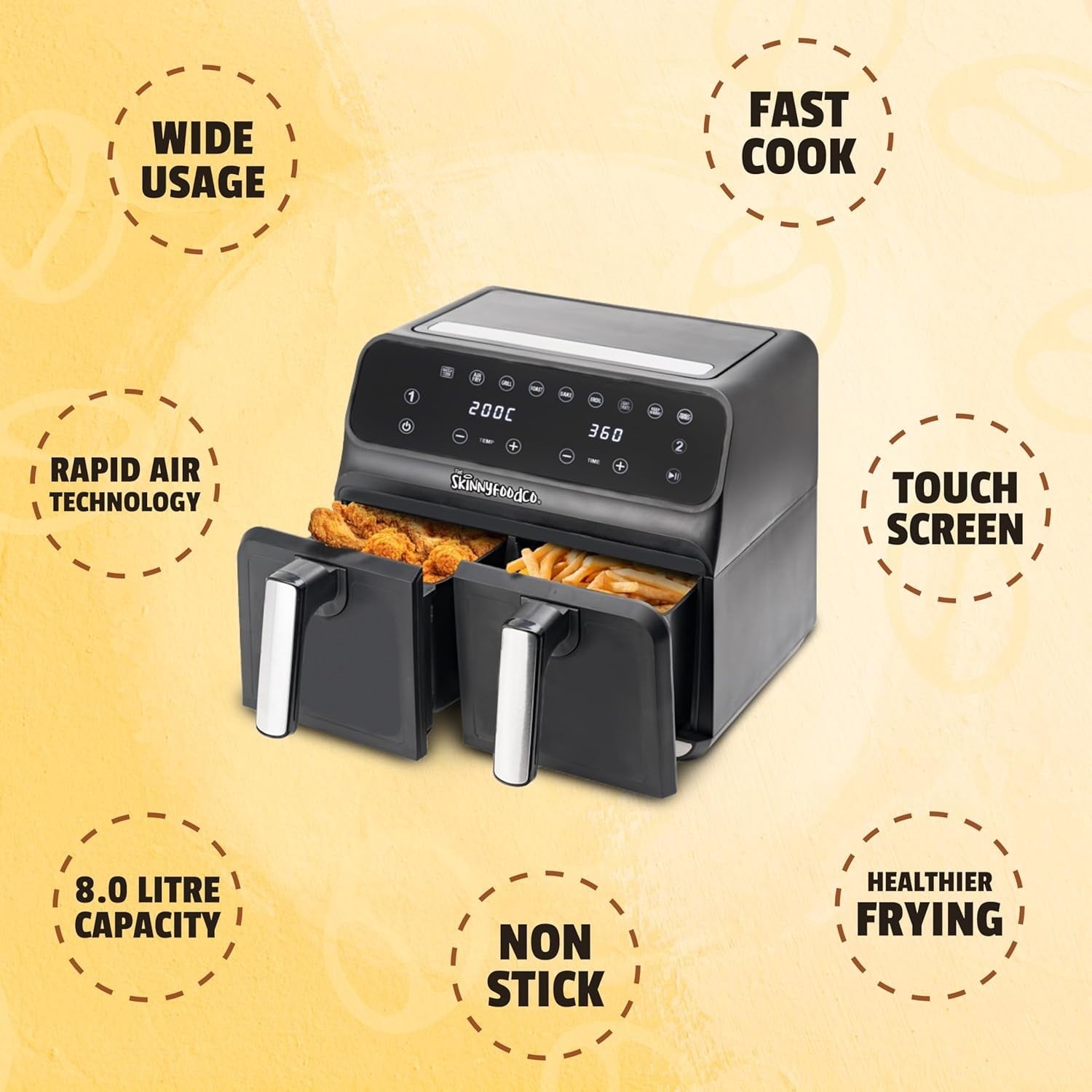8L Dual Drawer Air Fryer Sync Finish 1700W 8-in-1 Touchscreen No Oil