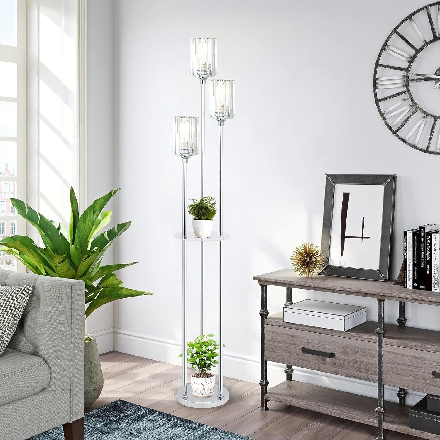 3-Light Modern Floor Lamp with Shelves | Crystal Shades | Chrome Finish