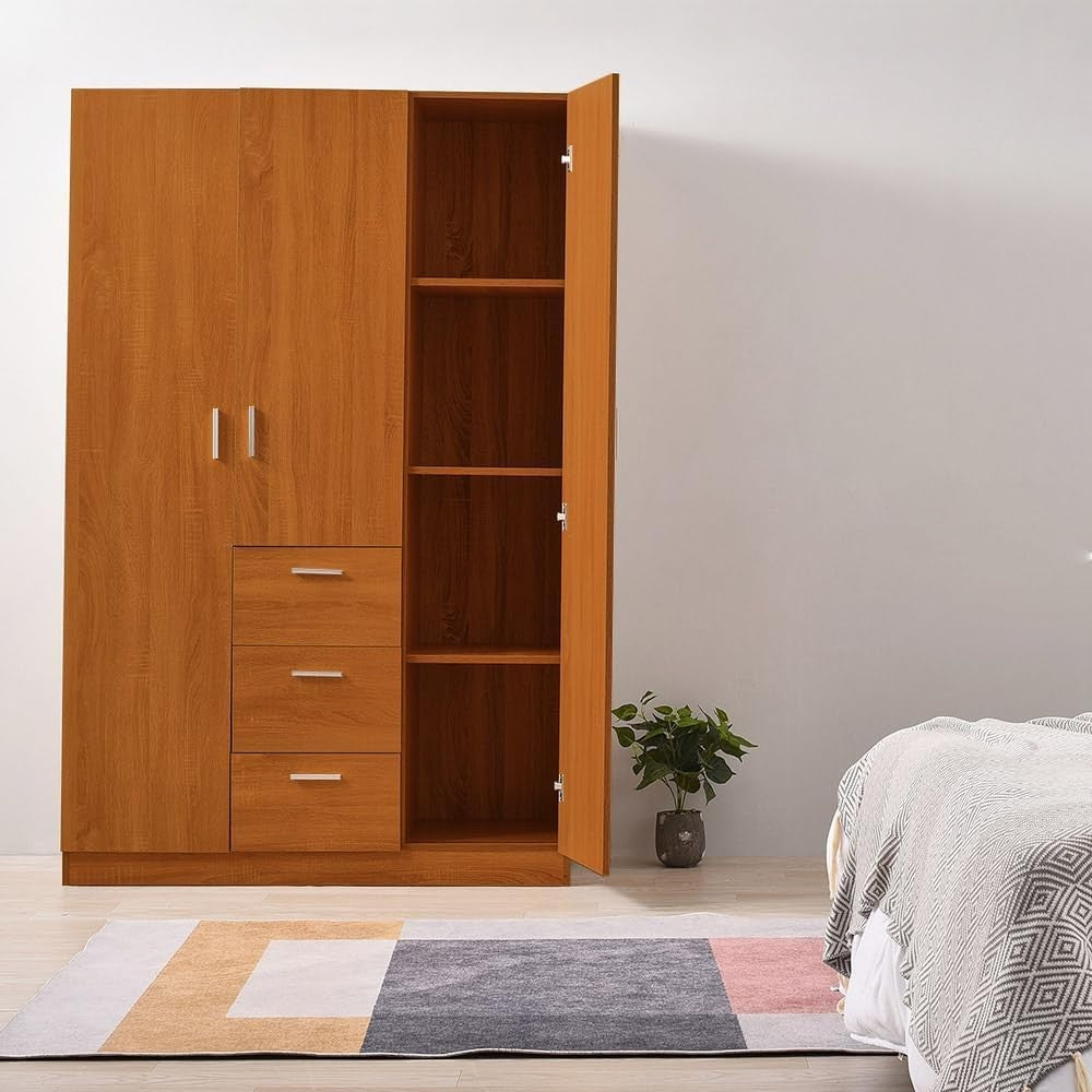 Large Modern 3-Door Wooden Wardrobe Closet with Drawers & Storage Shelves
