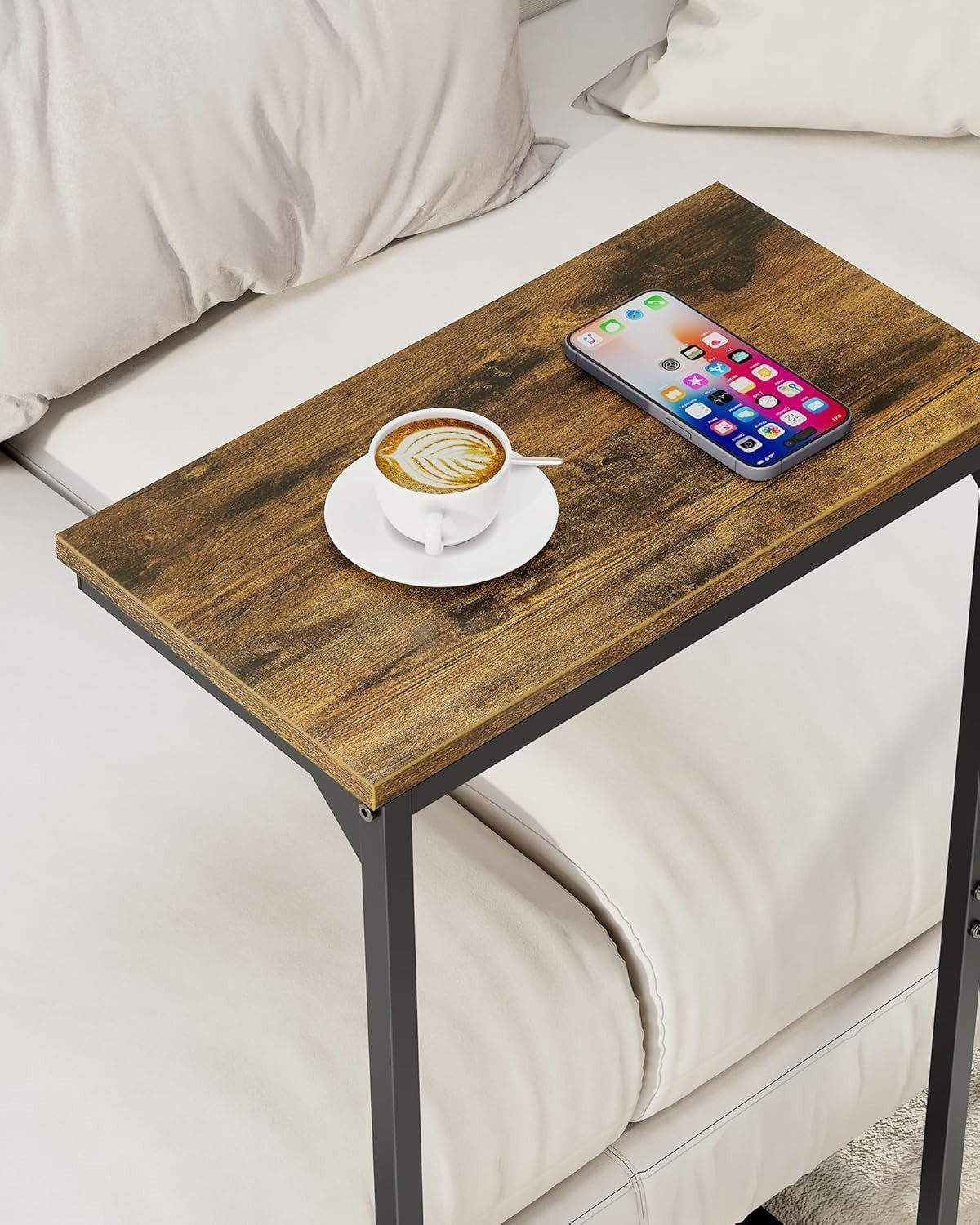 Space-Saving C-Shaped Side Table, Tall Slim Couch Table with Adjustable Feet