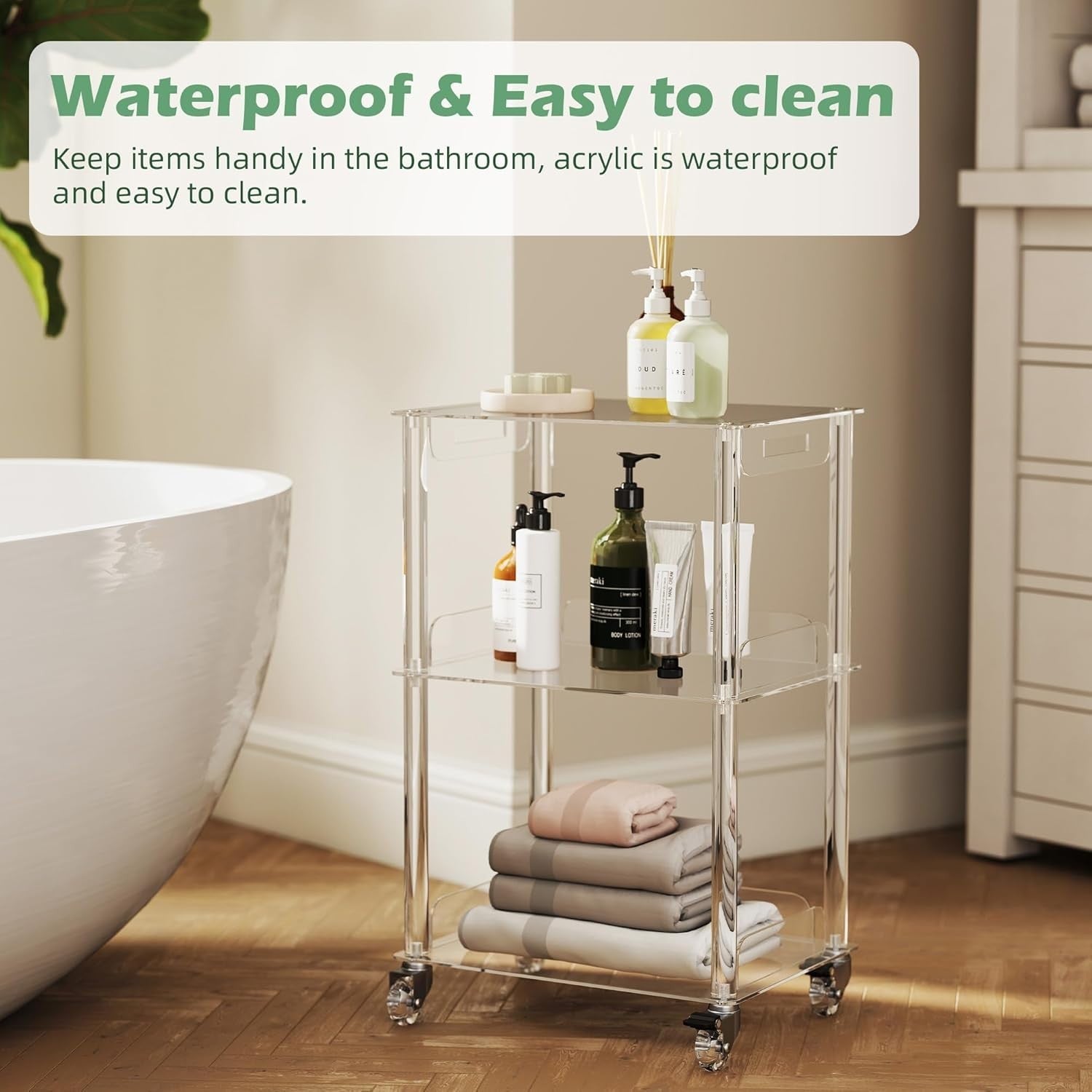 Clear Acrylic 3-Tier Side Table with Wheels – Modern Rolling Storage Stand
