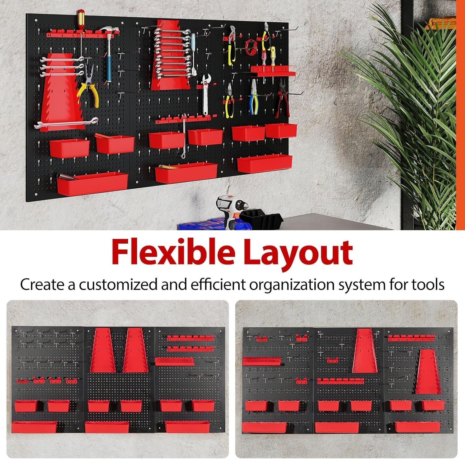 Black+Red Pegboard Tool Organizer 3 Boards 34 Accessories Wall Rack