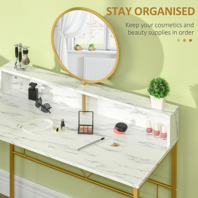 Modern White Vanity Desk w/ Mirror Marble Top Makeup Table Gold Legs