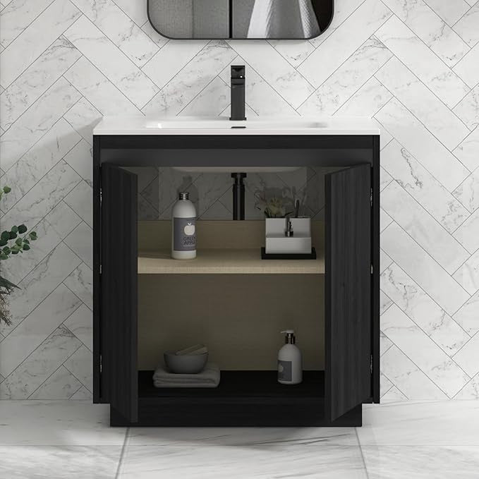 800mm Black Floor Standing Vanity Unit with Basin Sink 2 Door Bathroom Cabinet