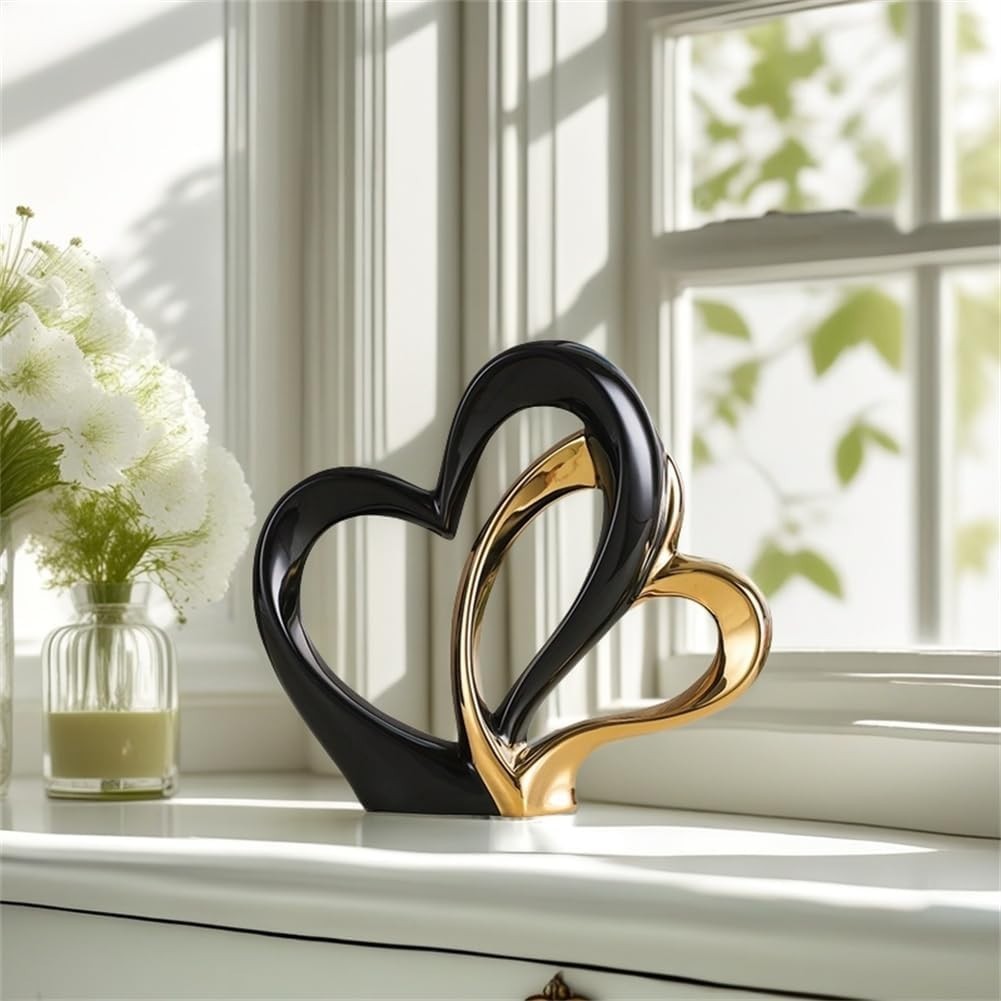 Modern Double Heart Ceramic Sculpture • Black & Gold Romantic Home Decor Gift