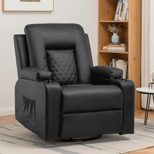 Recliner Chair PU Leather Swivel Rocker with Cup Holders & Side Pockets