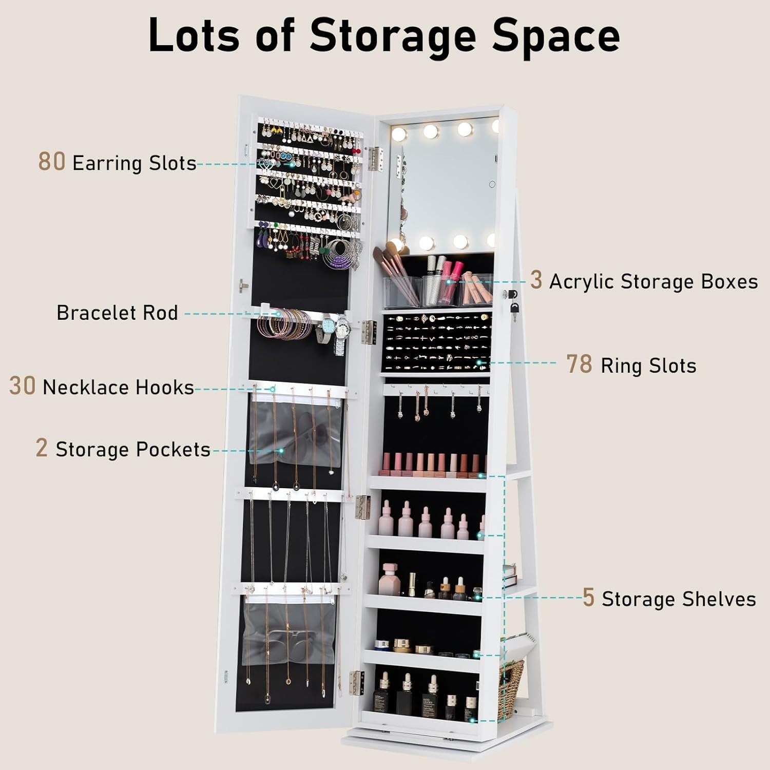 White 360° Swivel Jewelry Cabinet LED Makeup Mirror Lockable Storage