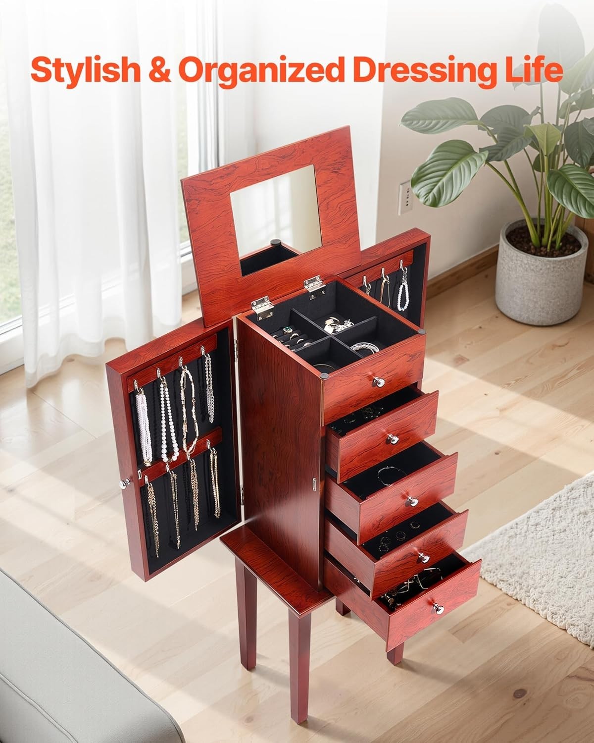 Standing Wooden Jewelry Armoire with Drawers Flip Top Mirror Necklace Doors