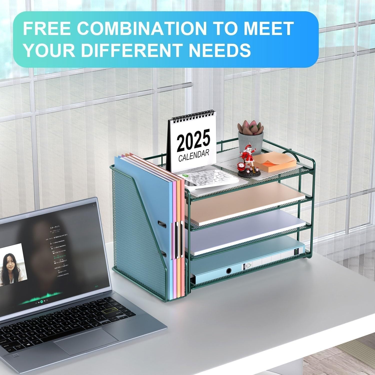 4-Tier Desk Organizer with Magazine Rack – Metal File & Paper Storage, Green