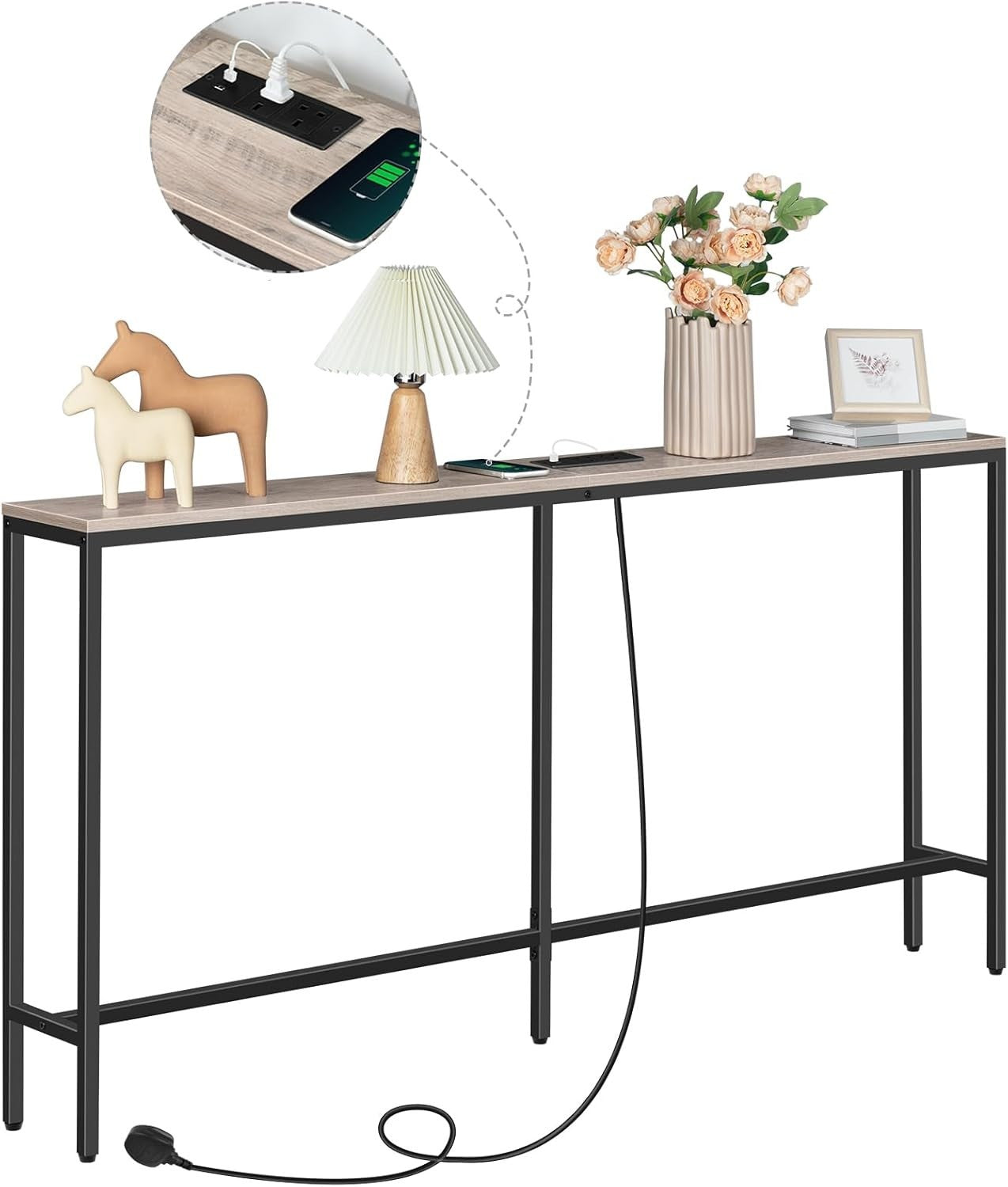 Power Strip Sofa Table 180cm Narrow Console with USB Ports & Rotatable Top