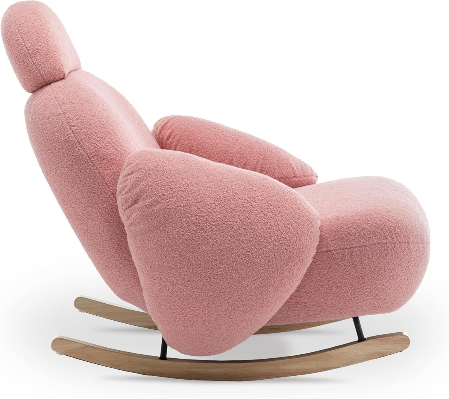 Pink Boucle Rocking Chair with Solid Wood Rockers & Plush Head Support