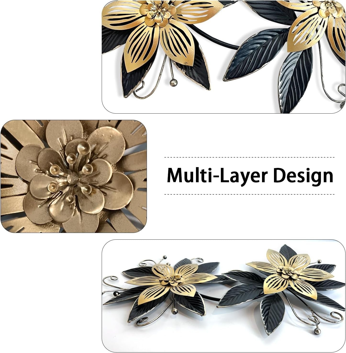 Black Gold Metal Flowers Wall Art 15 in 3D Multi-Layer Home Decor
