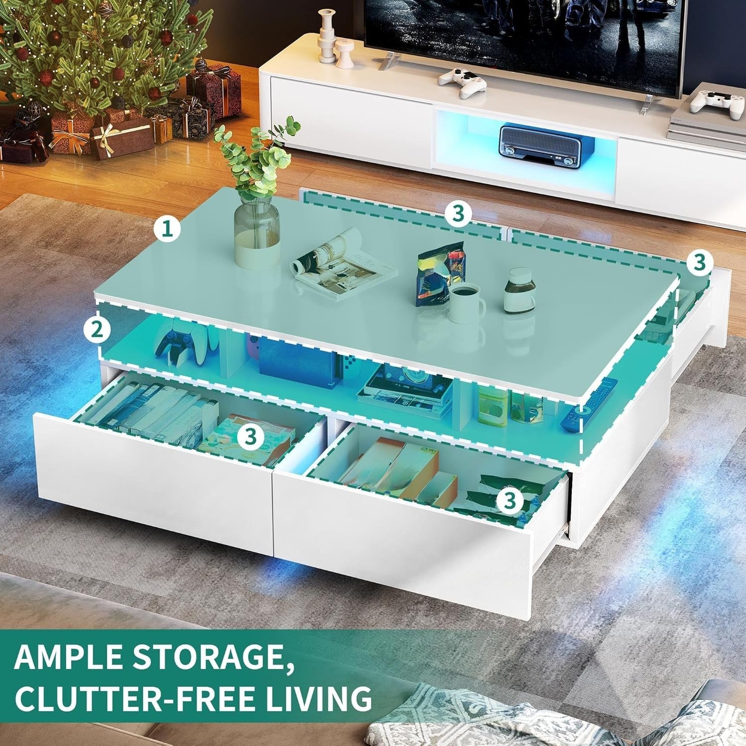 LED Coffee Table with Storage Drawers White Gloss 16-Color Light Modern